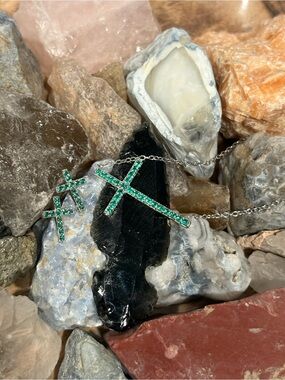 Sterling Emerald Green Cross Pendant Necklace and Earrings Set